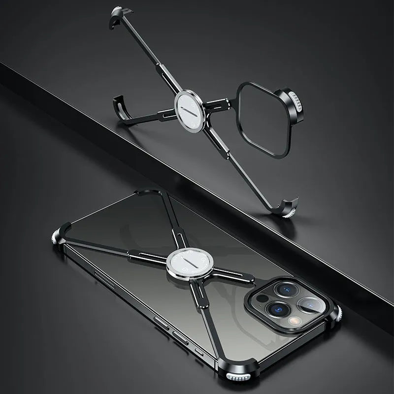 X-shape metal airbag phone case for iPhone 12, black colour, with bare metal frame and hollow side frames