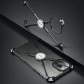 X-shape metal airbag phone case for iPhone 12, black colour, with bare metal frame and hollow side frames