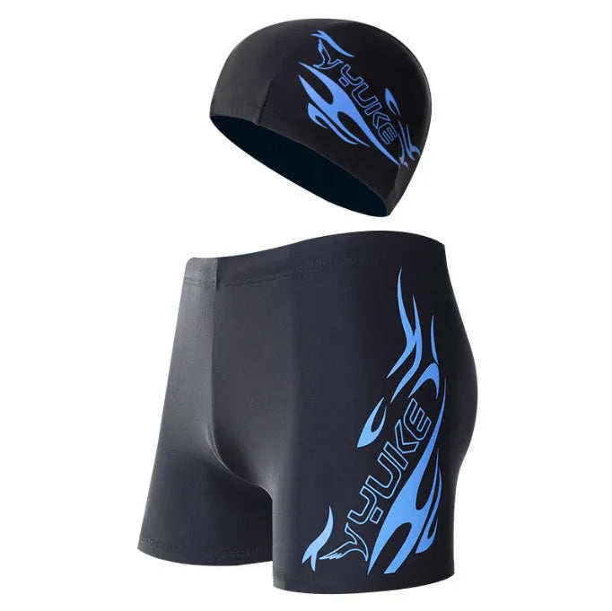 Men's plus size blue and red fire print boxer swimming trunks on a black background.
