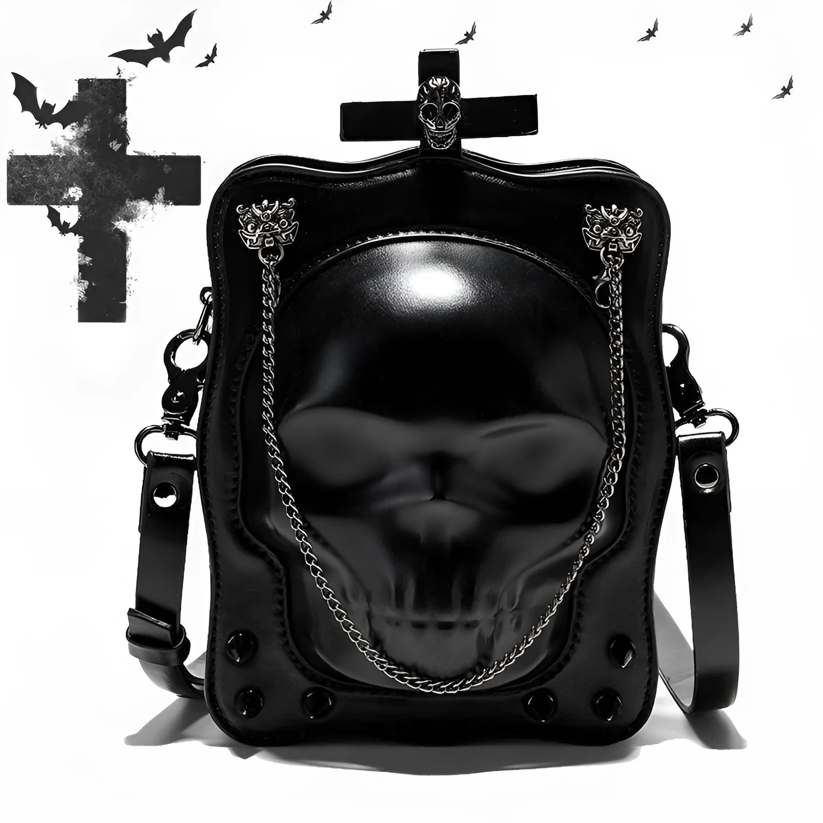 Black mini square shoulder bag with gothic skull design, embossed stitching detail, and chain crossbody strap