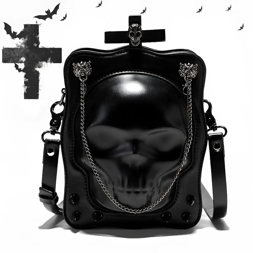 Black PU leather mini square crossbody bag with skull design, metal rivets, chain, and a zip opening.