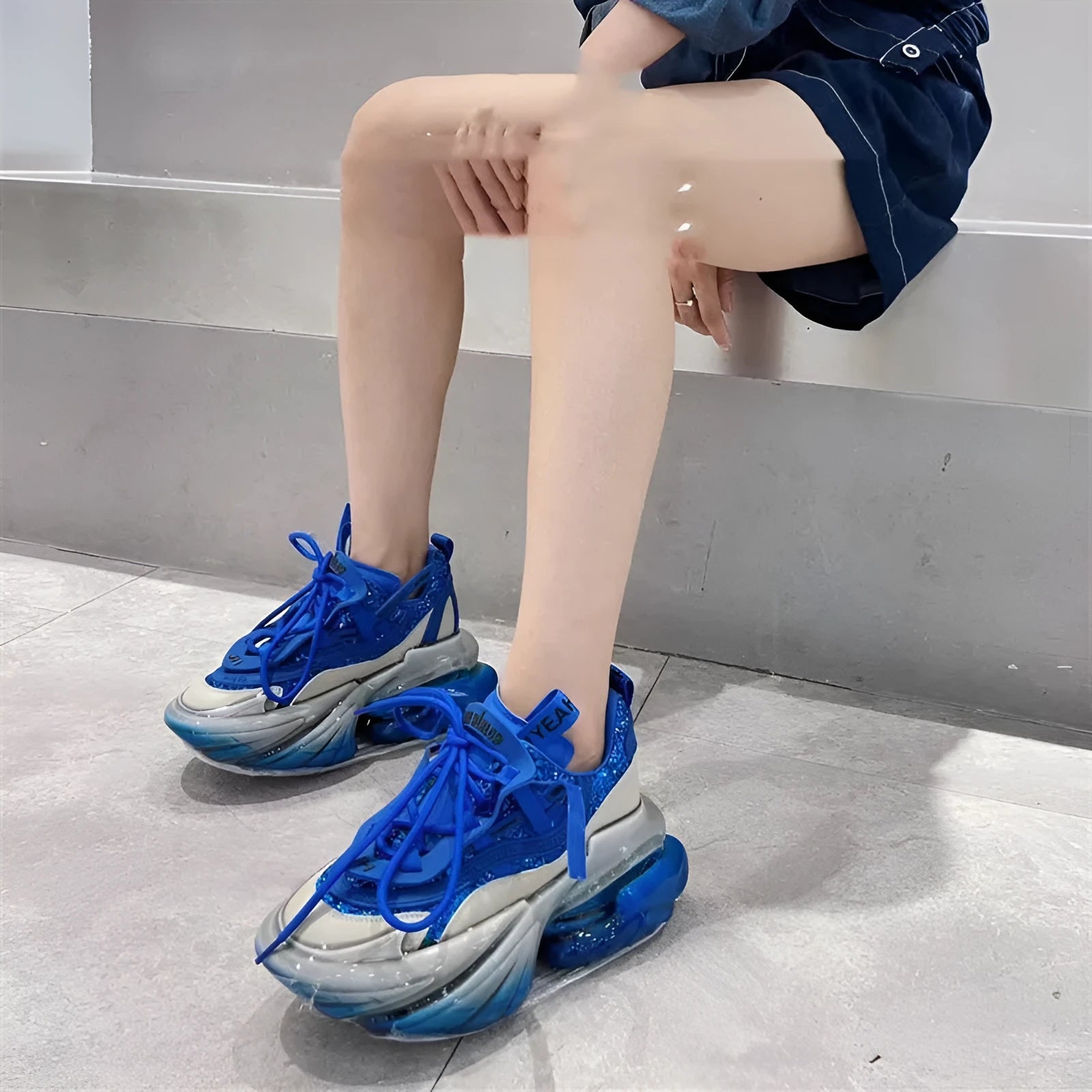 Women's leather sports shoes with thick jelly wedge sole and cross tie design in multiple colours