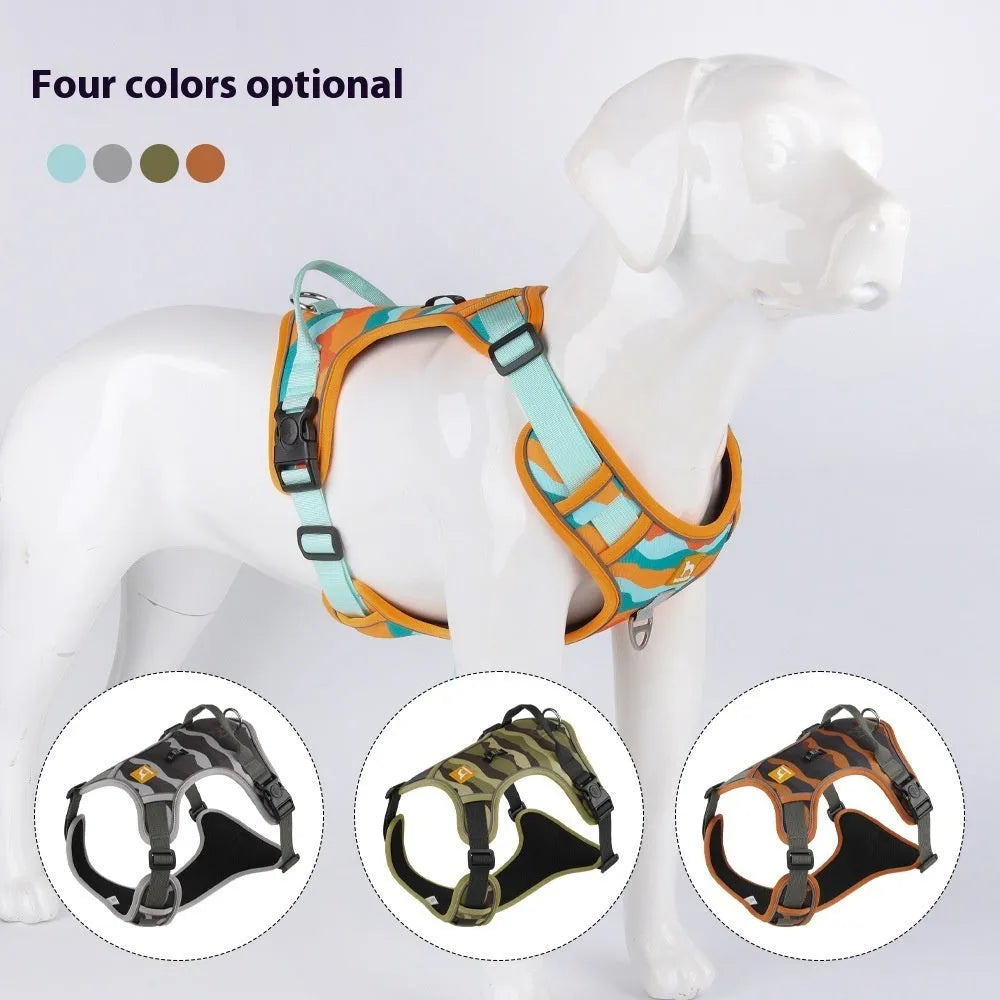 Orange reflective dog walking leash with integrated chest and back harness made from Oxford cloth.