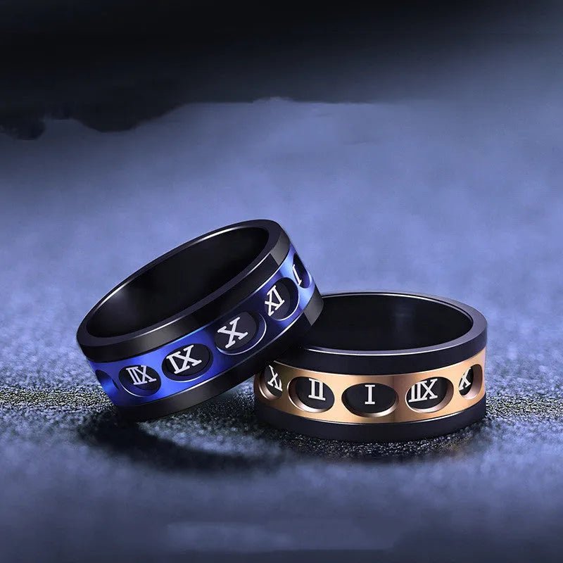 Men's titanium steel hip hop simplicity ring blue rose gold electroplated polished Korean style size 07-11