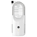 White bladeless electric desk fan with LED display on a desk, showing portable USB rechargeable design.