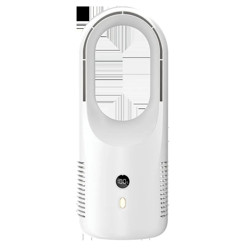 White bladeless electric desk fan with LED display on a desk, showing portable USB rechargeable design.