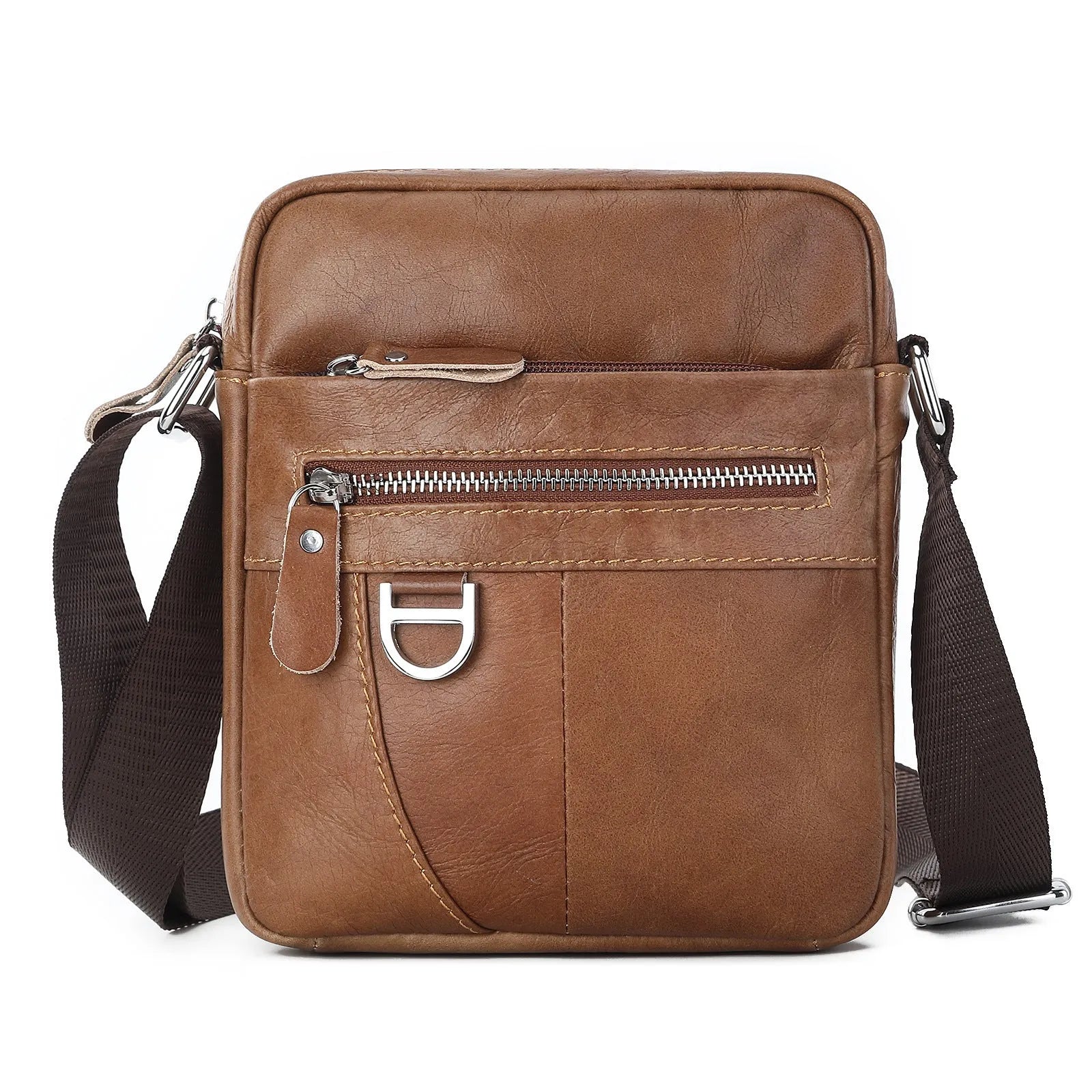Brown genuine cattle leather messenger bag for boys with sewing line detailing, 8 inch size