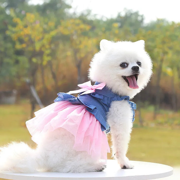 Korean style denim pet skirt with bow decoration for dogs in pink or white