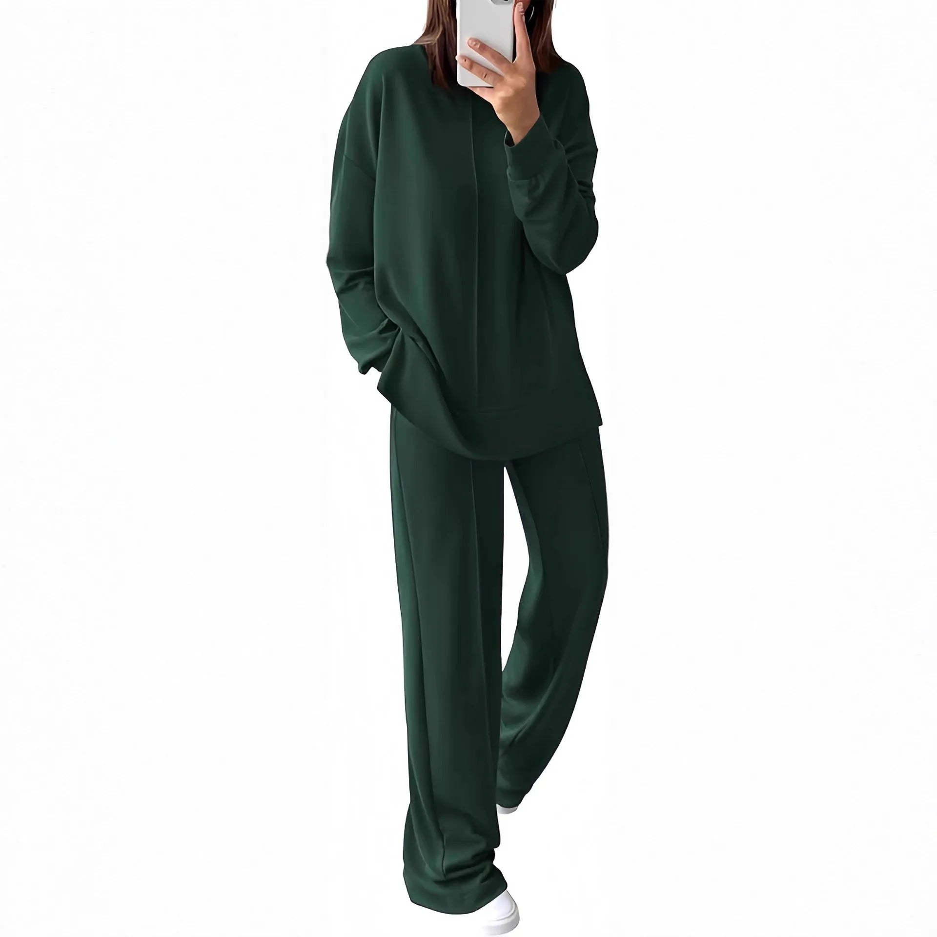 Women's army green polyester jogging suit set with long sleeves, shown as a matching top and trousers.
