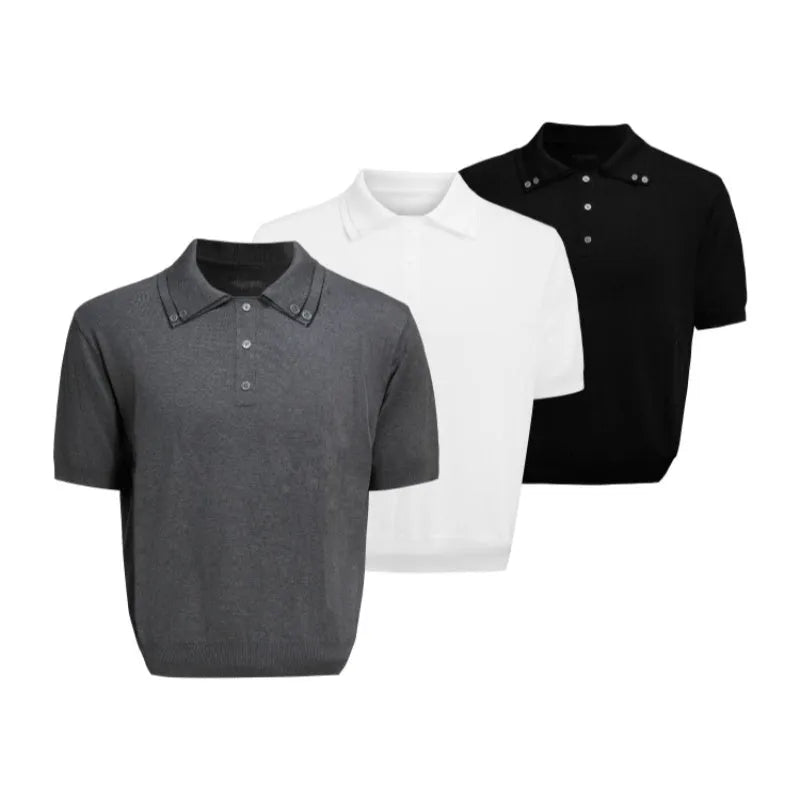 Men's slim knit polyester short sleeve shirt with double collar design in black colour showing fastener decoration detail