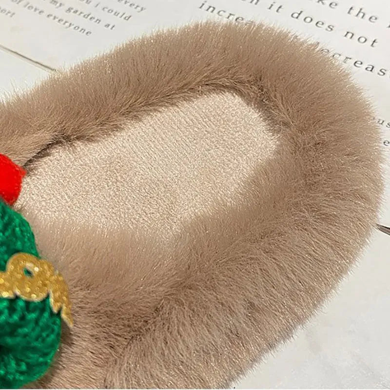 Women's Christmas hat decoration slippers in faux plush, showing black, khaki, and white colour options on a rubber sole.