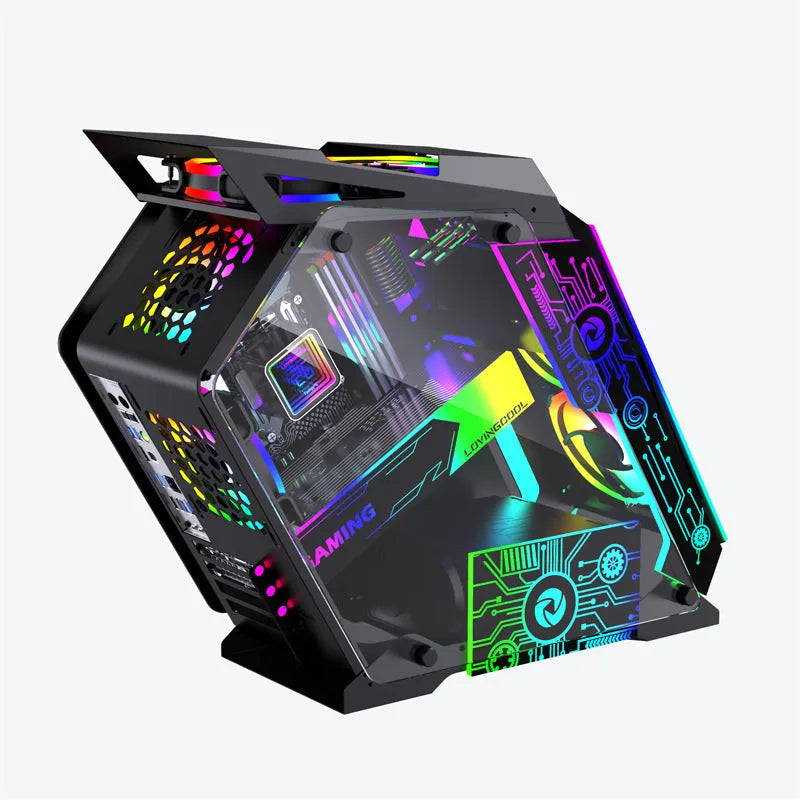 Small black table-type steel box for computer and gaming accessory organisation on a desk.