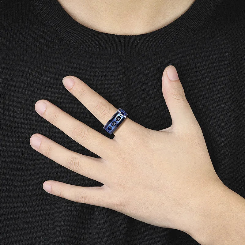 Men's titanium steel hip hop simplicity ring blue rose gold electroplated polished Korean style size 07-11