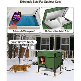 Green foldable cloth cat cage with insulation, shown outdoors.