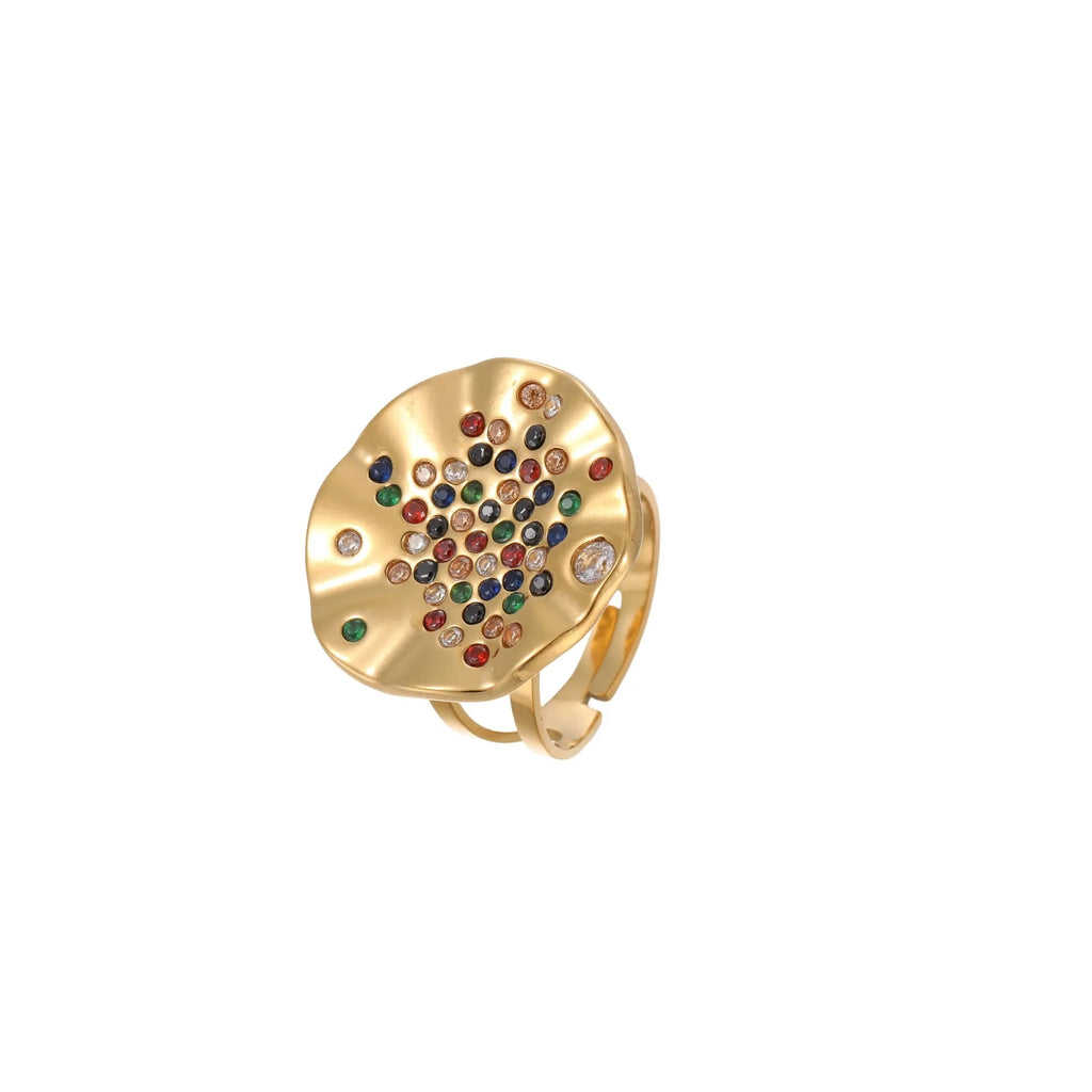 Adjustable open mouth ring with pleated geometric design and colour diamond accents on titanium-finished stainless steel