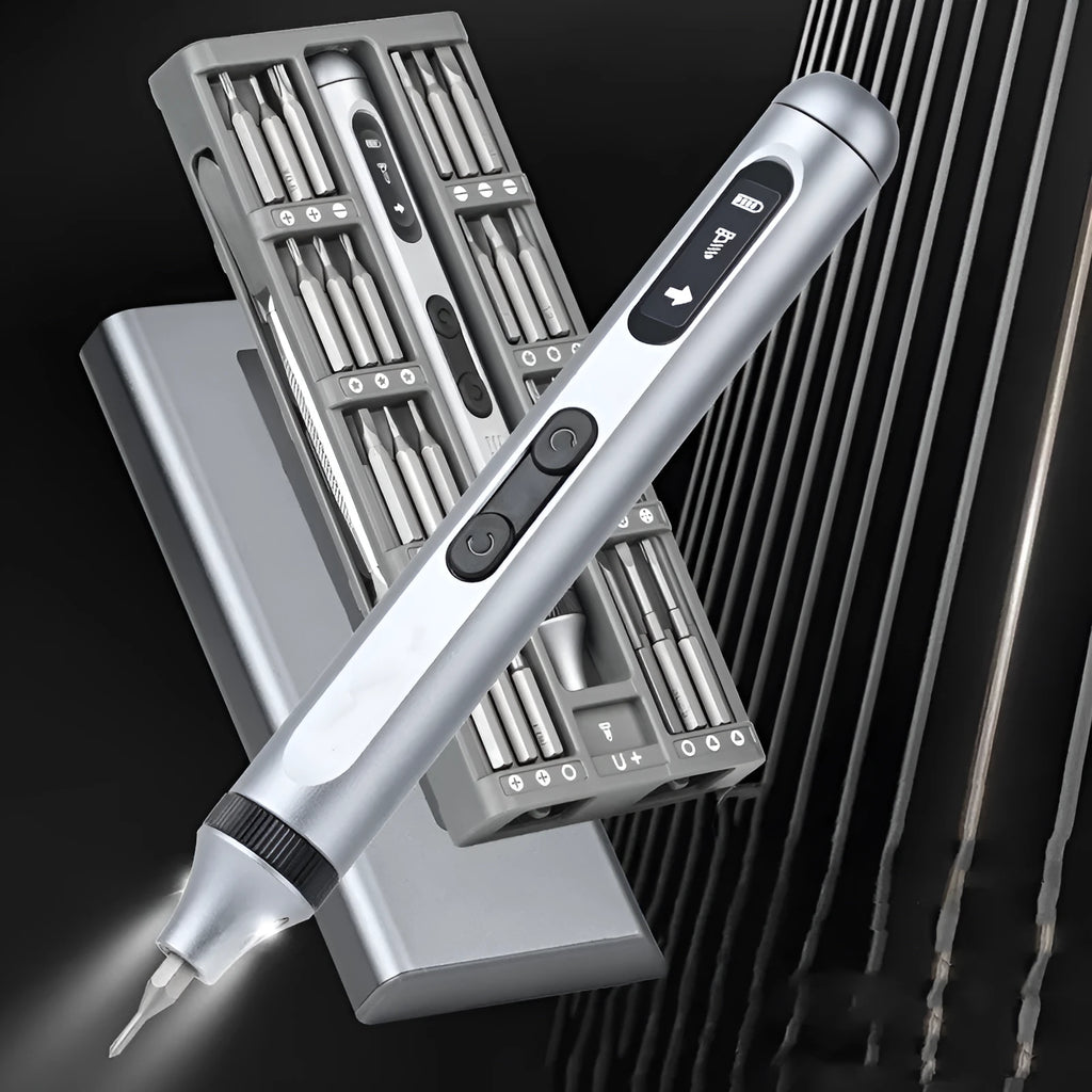 Compact aluminium electric screwdriver with display showing 134.5mm length and 52g weight