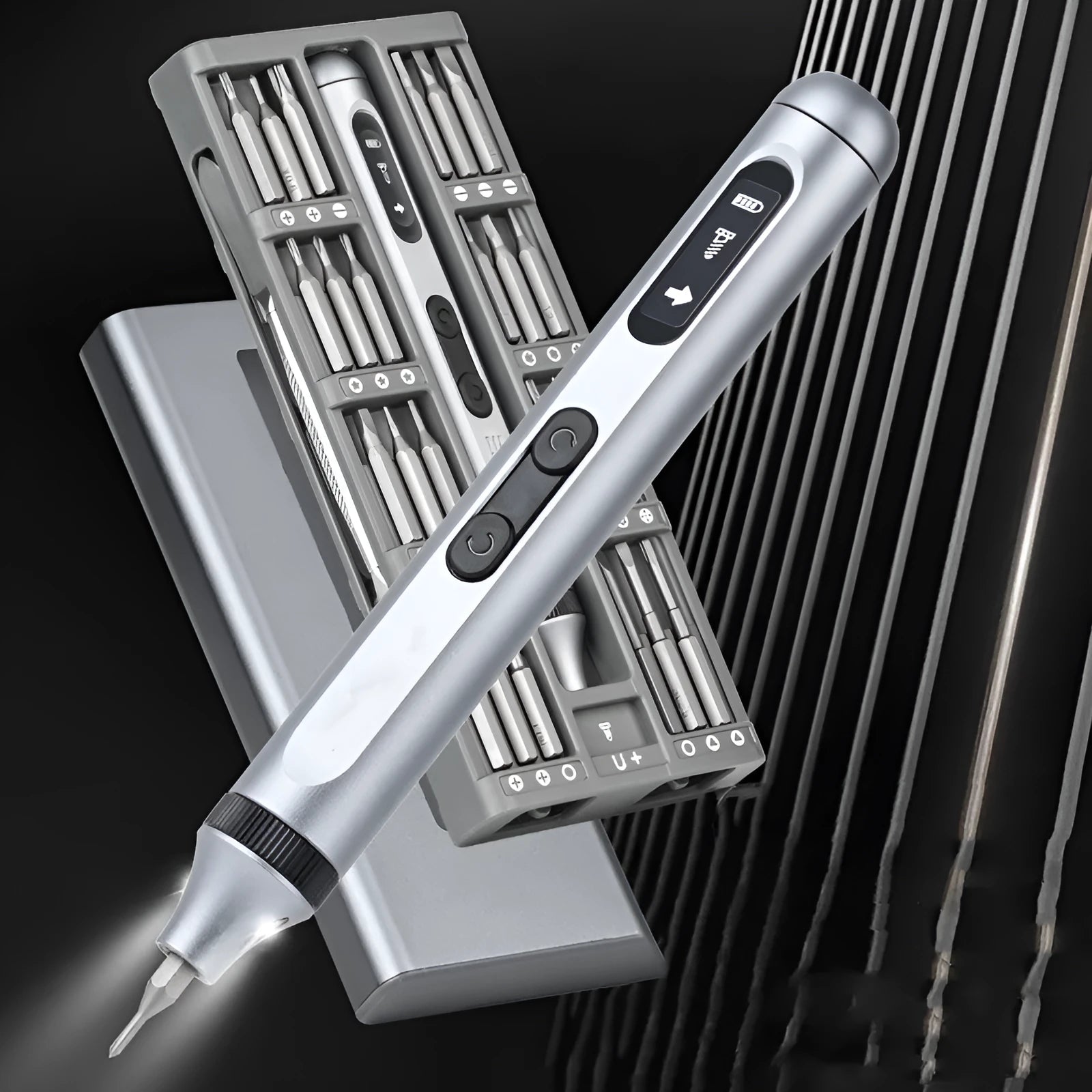 Compact aluminium electric screwdriver with display showing 134.5mm length and 52g weight