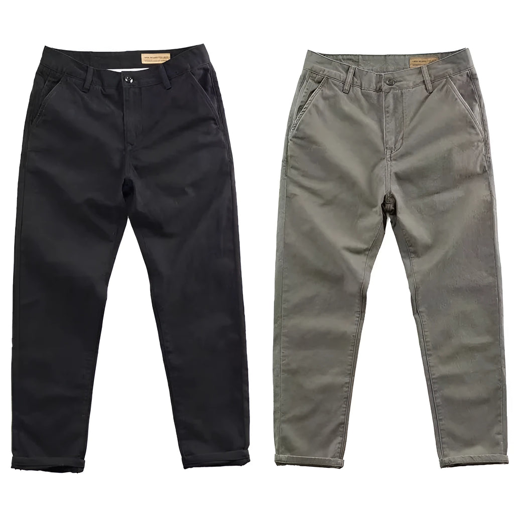 Man wearing slim-fit light straight-leg trousers in a micro-elastic washed fabric