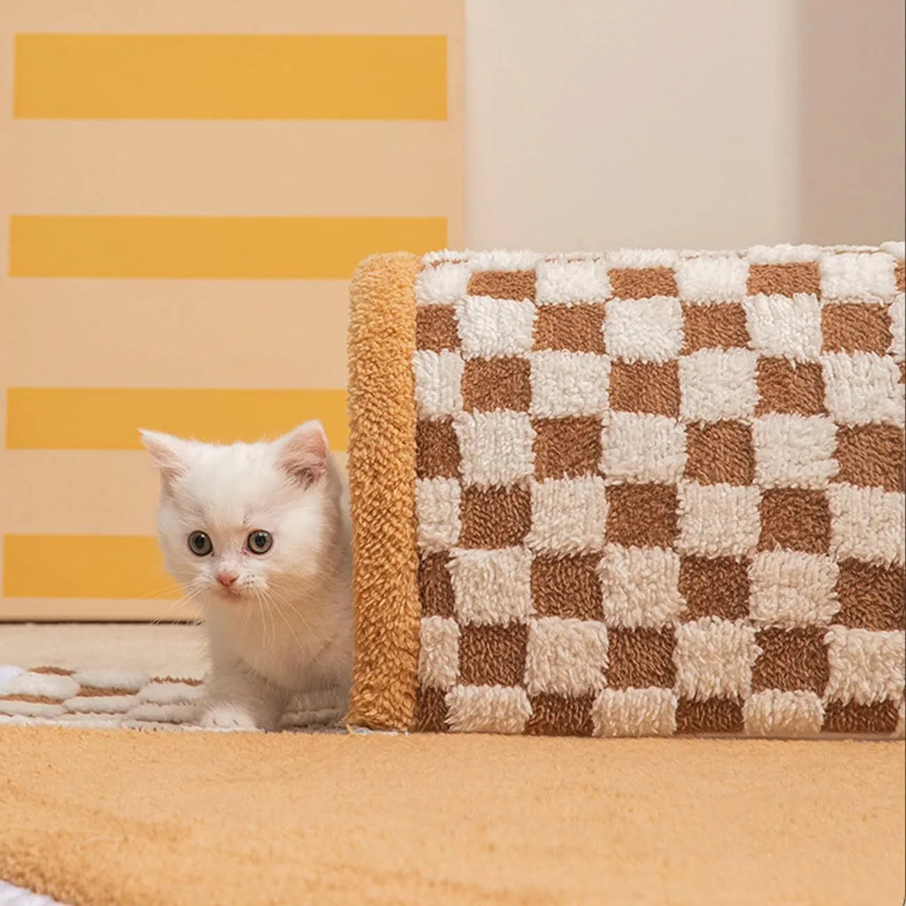 XL fan-shaped plush pet bed tunnel in a plaid pattern, showing a thick mat and tunnel opening.