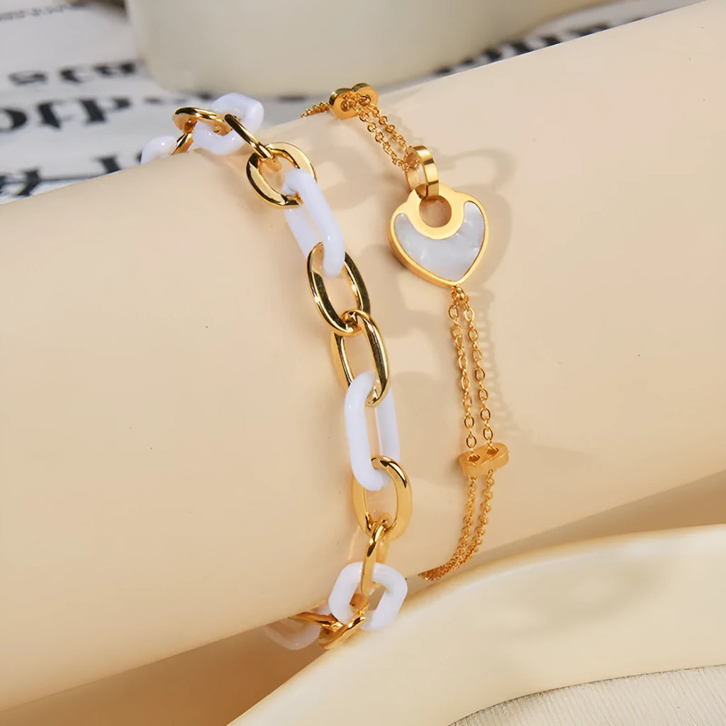 Stainless steel resin bracelet for women with double-layer heart design and electroplated finish