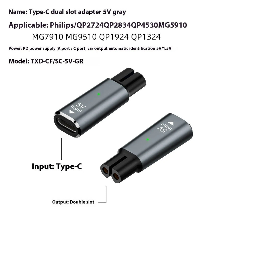Black and grey aluminium USB-C charging adapter for electric shavers with 4.3V 8W output.