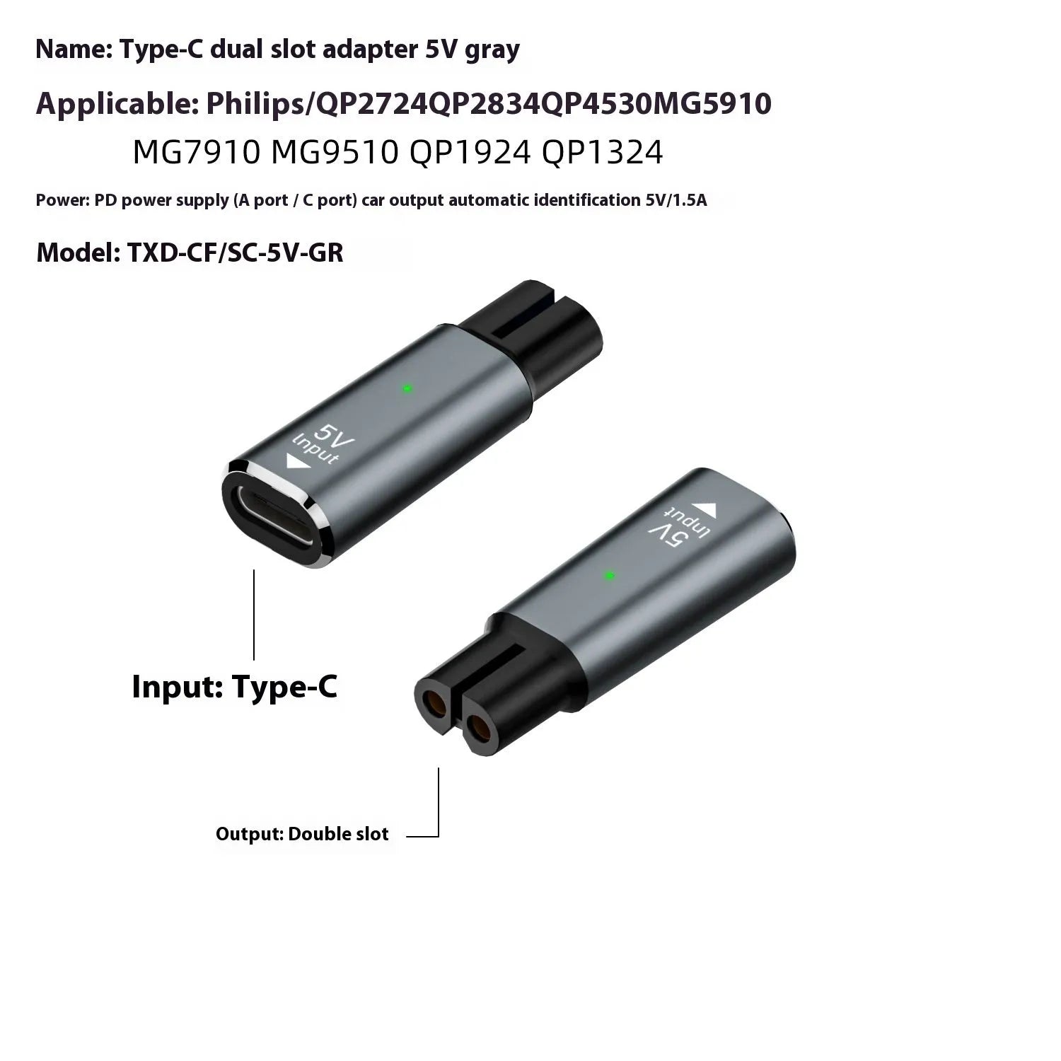 Black and grey aluminium USB-C charging adapter for electric shavers with 4.3V 8W output.
