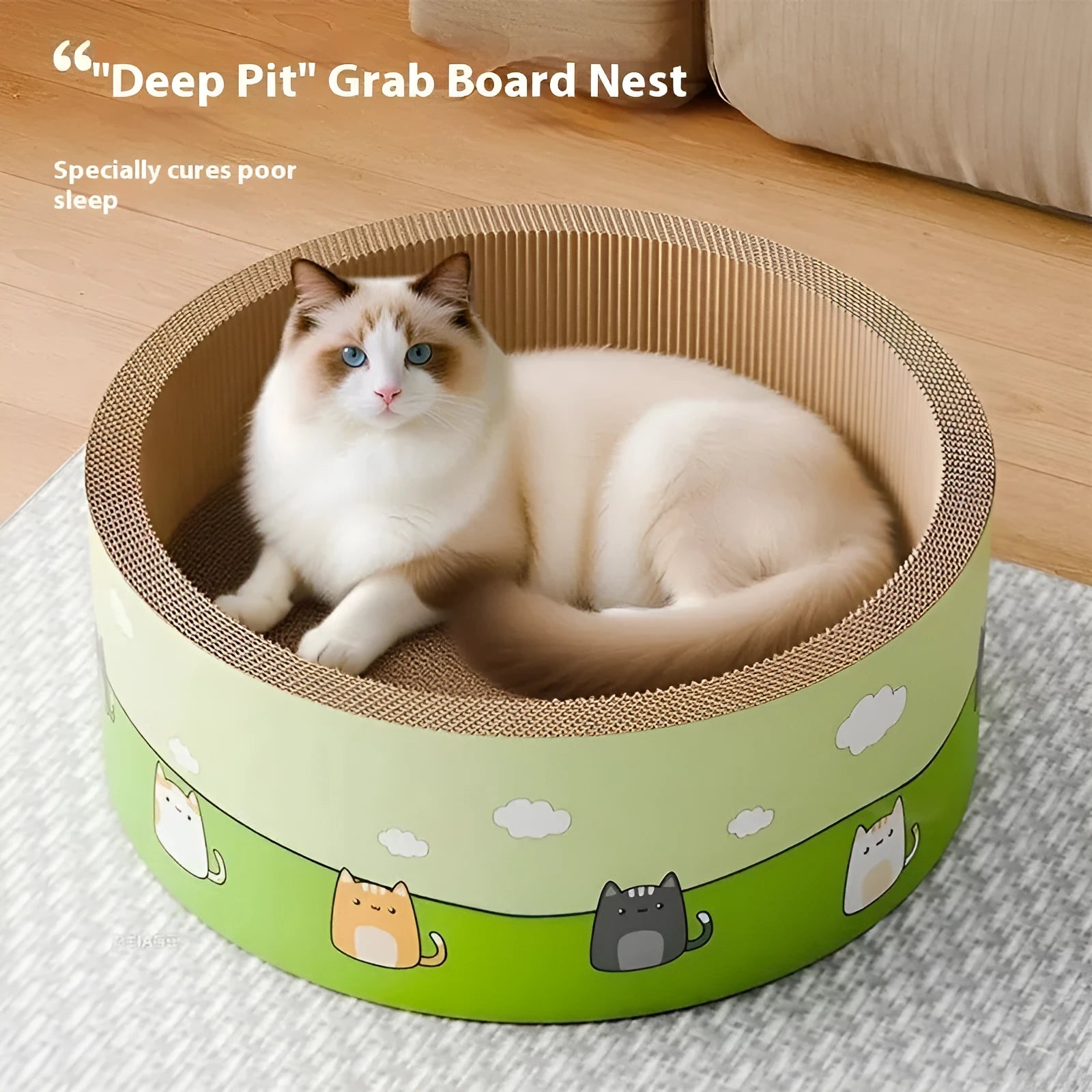 Large round deepening pit cat scratch board made of beige corrugated paper on a wooden floor.