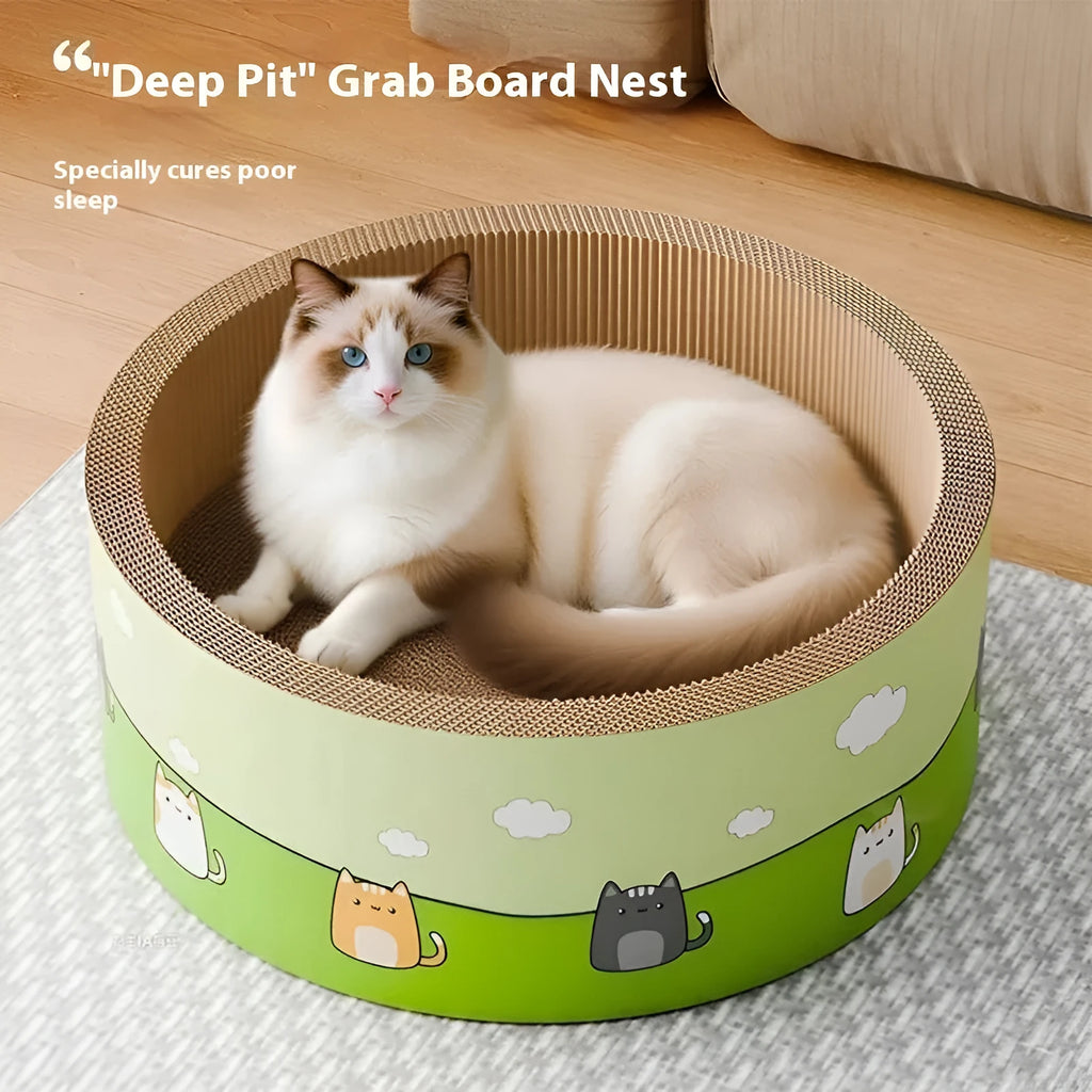Large round deep-pit cat scratch board made of brown corrugated paper.