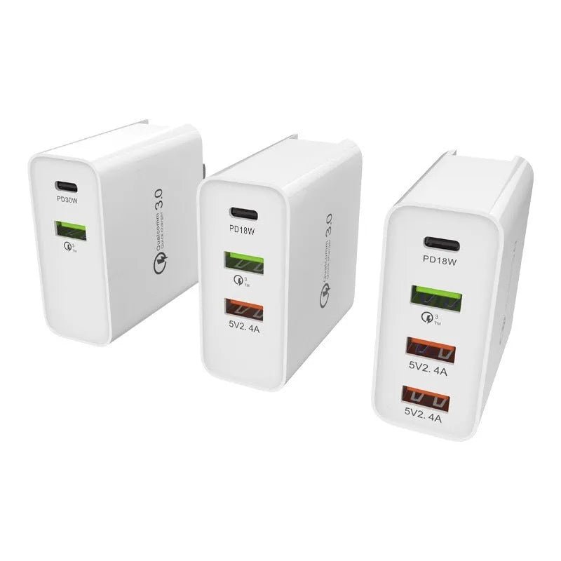 White multi-port fast charger with PD and QC technology showing multiple USB ports