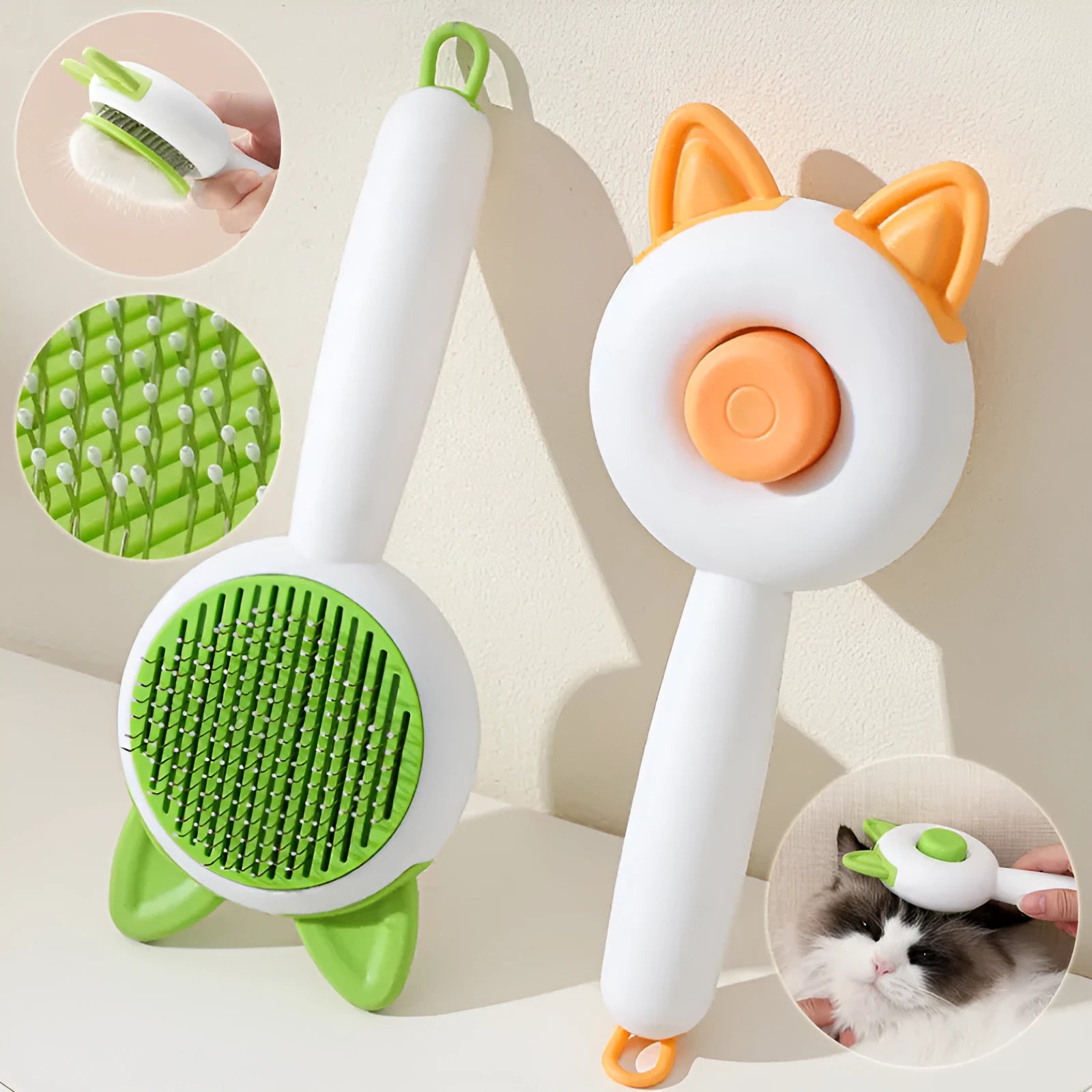 Self-cleaning pet grooming comb with massage function in greenish white or orange white colour options