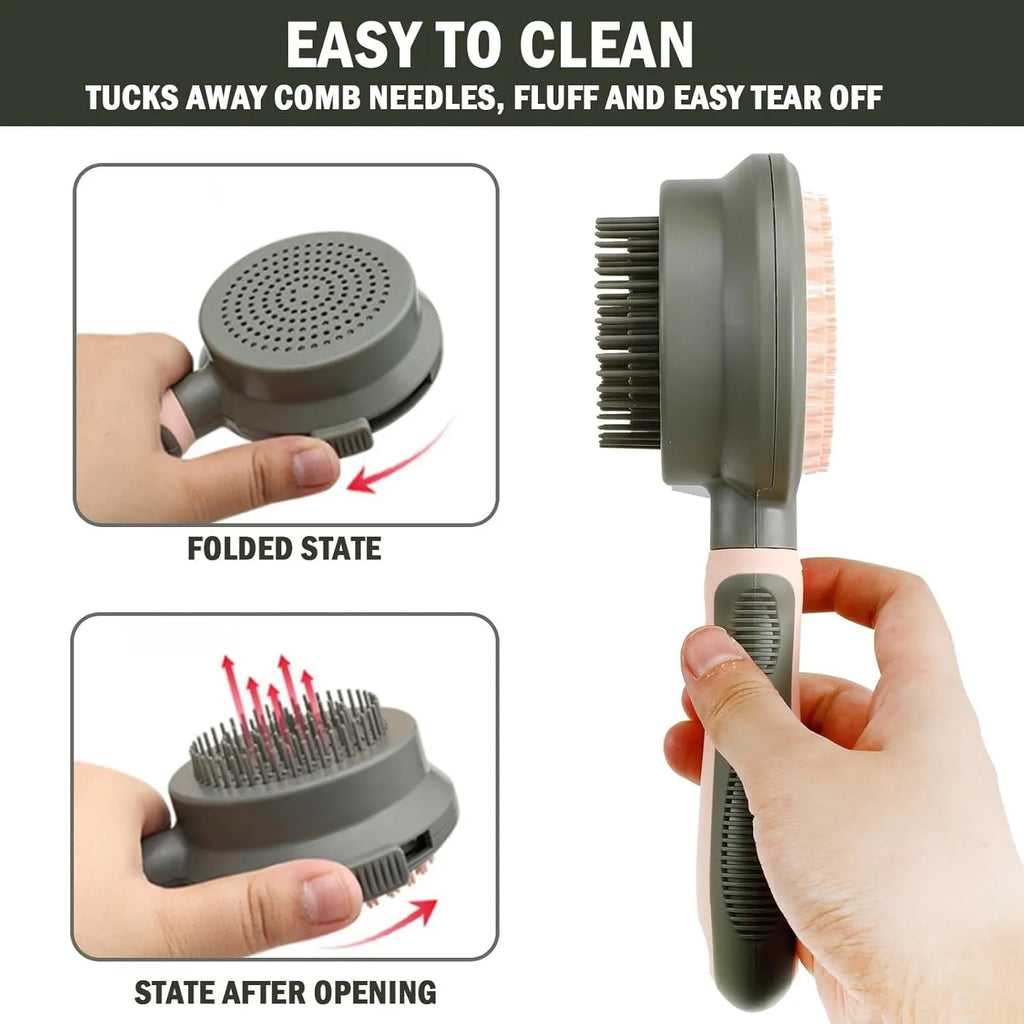 Green and pink double-sided cat brush with a release button and flea comb for grooming.