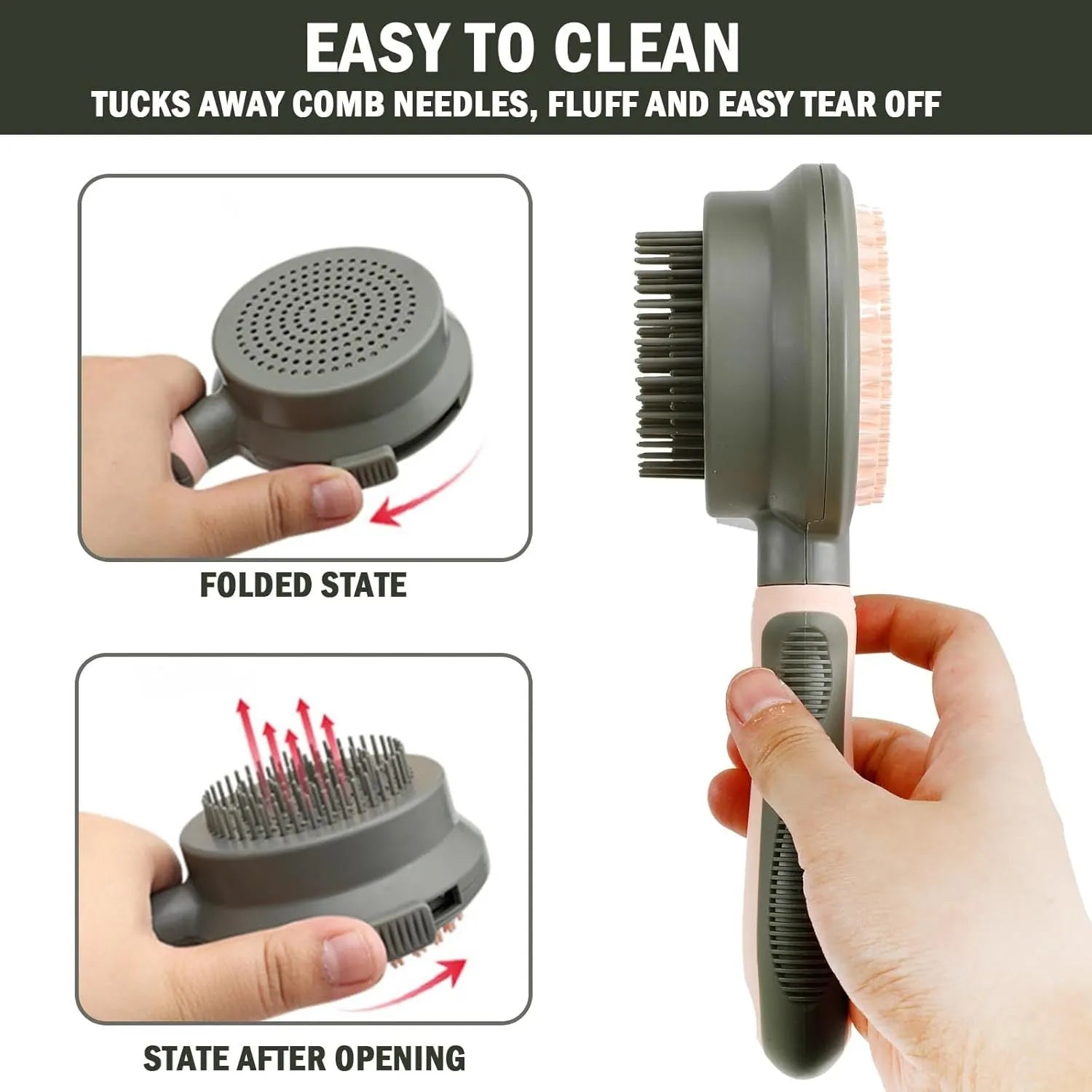 Green and pink double-sided cat brush with a release button and flea comb for grooming.