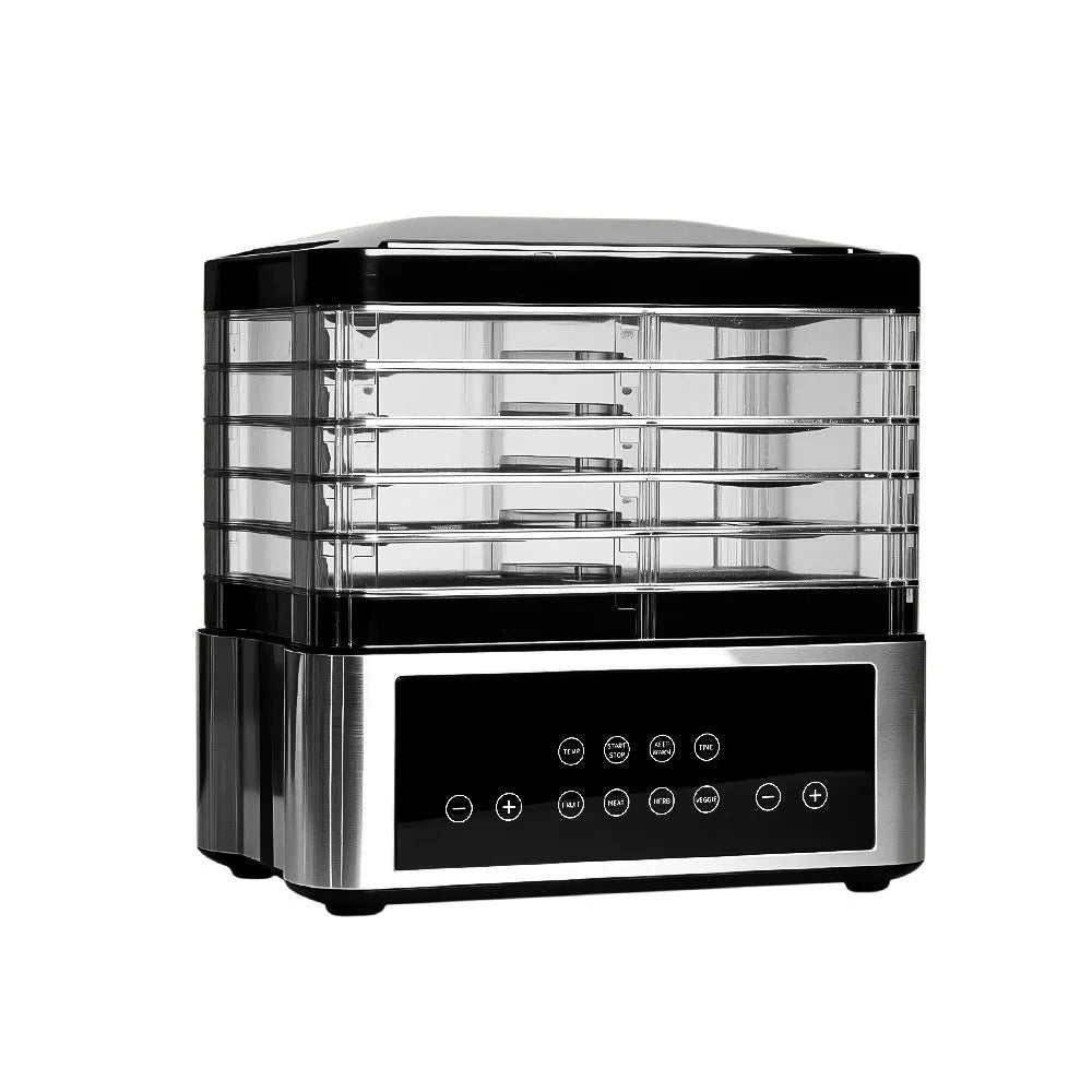 Silver stainless steel fruit dehydrator with digital display and multiple drying trays