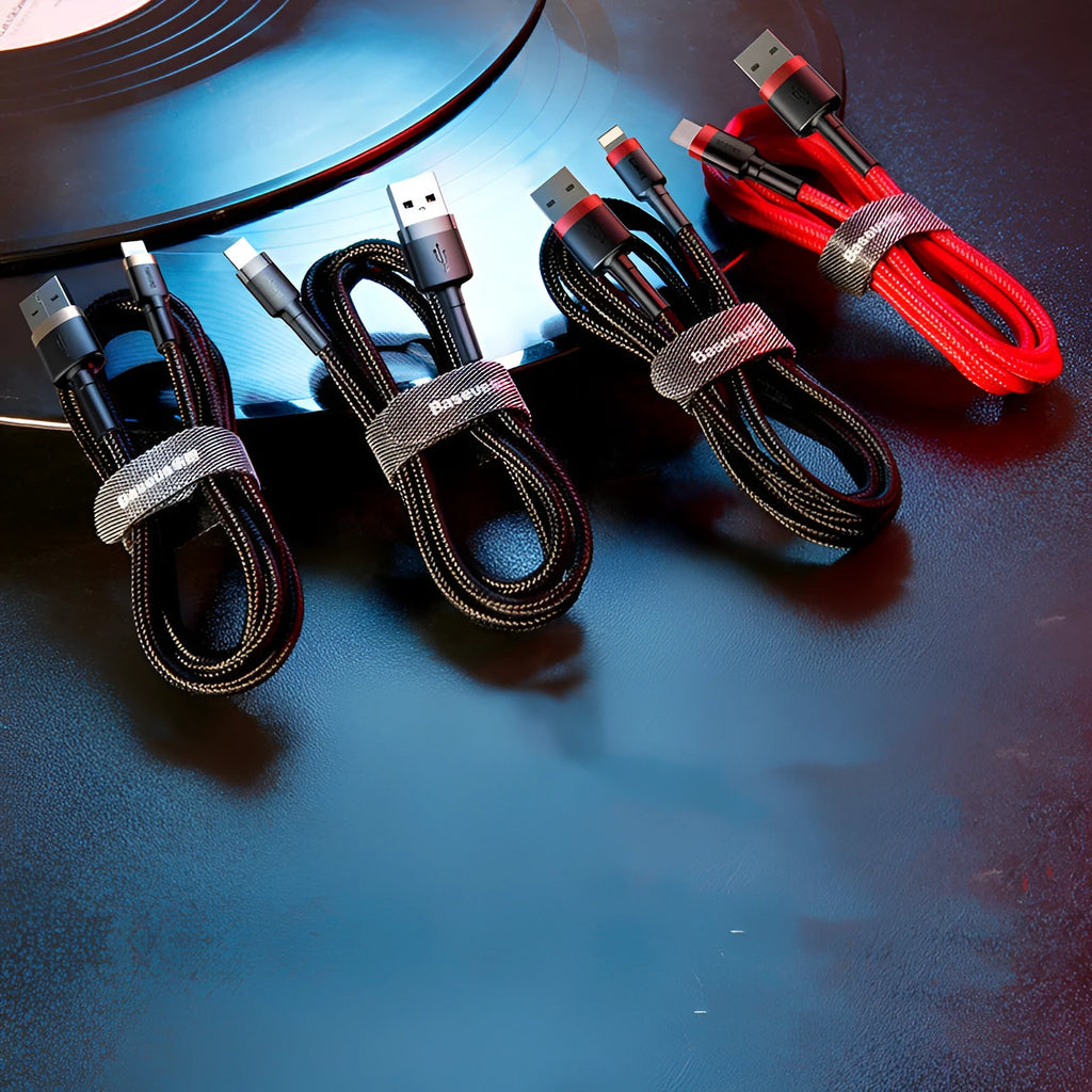 Red and deep space grey iPhone charging cables showing different lengths from 0.5 to 3 metres