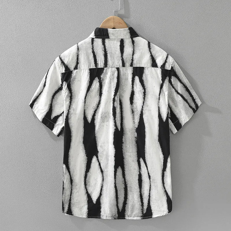 Retro striped short sleeve cotton shirt in black, shown in a loose fit.