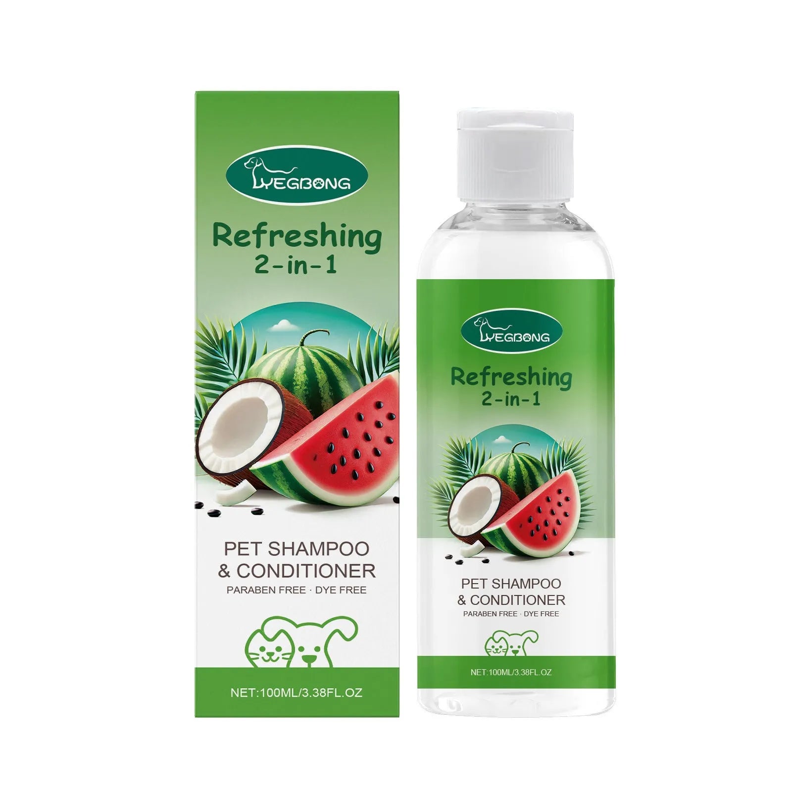 100ml bottle of 2-in-1 pet shampoo and fragrance shower gel with watermelon and coconut scent.
