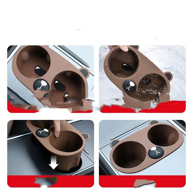 Flexible silicone car cup holder insert in grey, tan, and pink colour options.