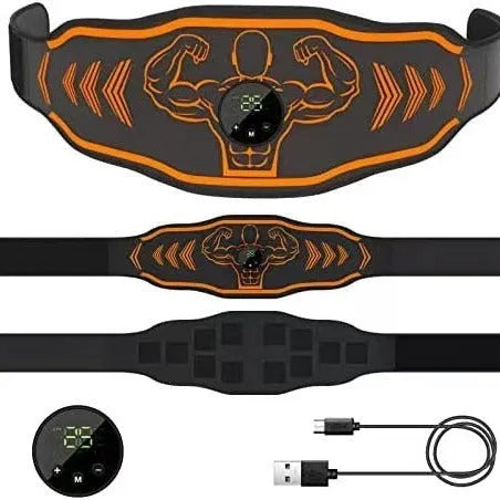 Blue and orange rechargeable EMS smart massage belt with host unit, belt, and arm stickers.