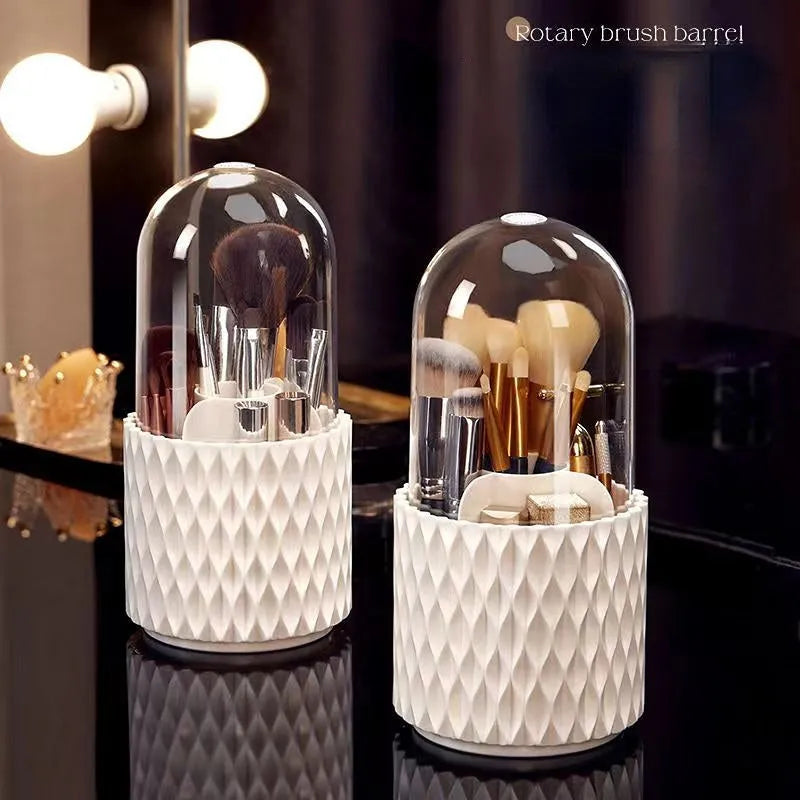 Transparent acrylic makeup brush storage box with rotating base and white brush tubes