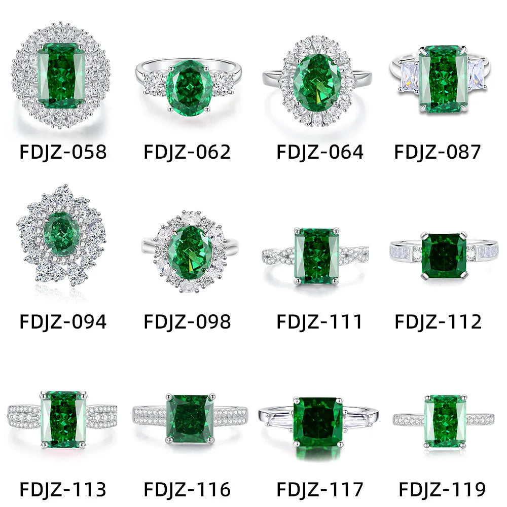 Women's S925 silver ring with emerald stone and high-carbon diamond inlays in geometric ellipse design