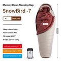 Goose down mummy sleeping bag for adults with storage bag, showing model options with different fill weights.