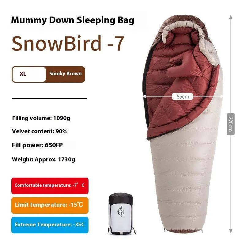 Goose down mummy sleeping bag for adults with storage bag, showing model options with different fill weights.