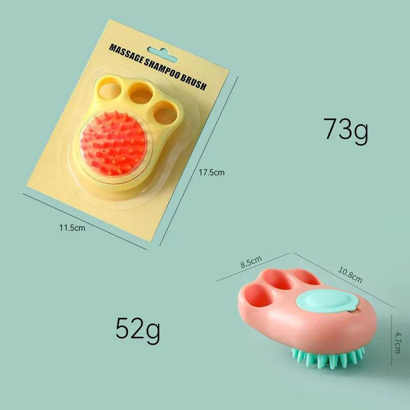 Multi-colour plastic pet bath brush with bristles on one side and a cat claw comb design on the reverse.
