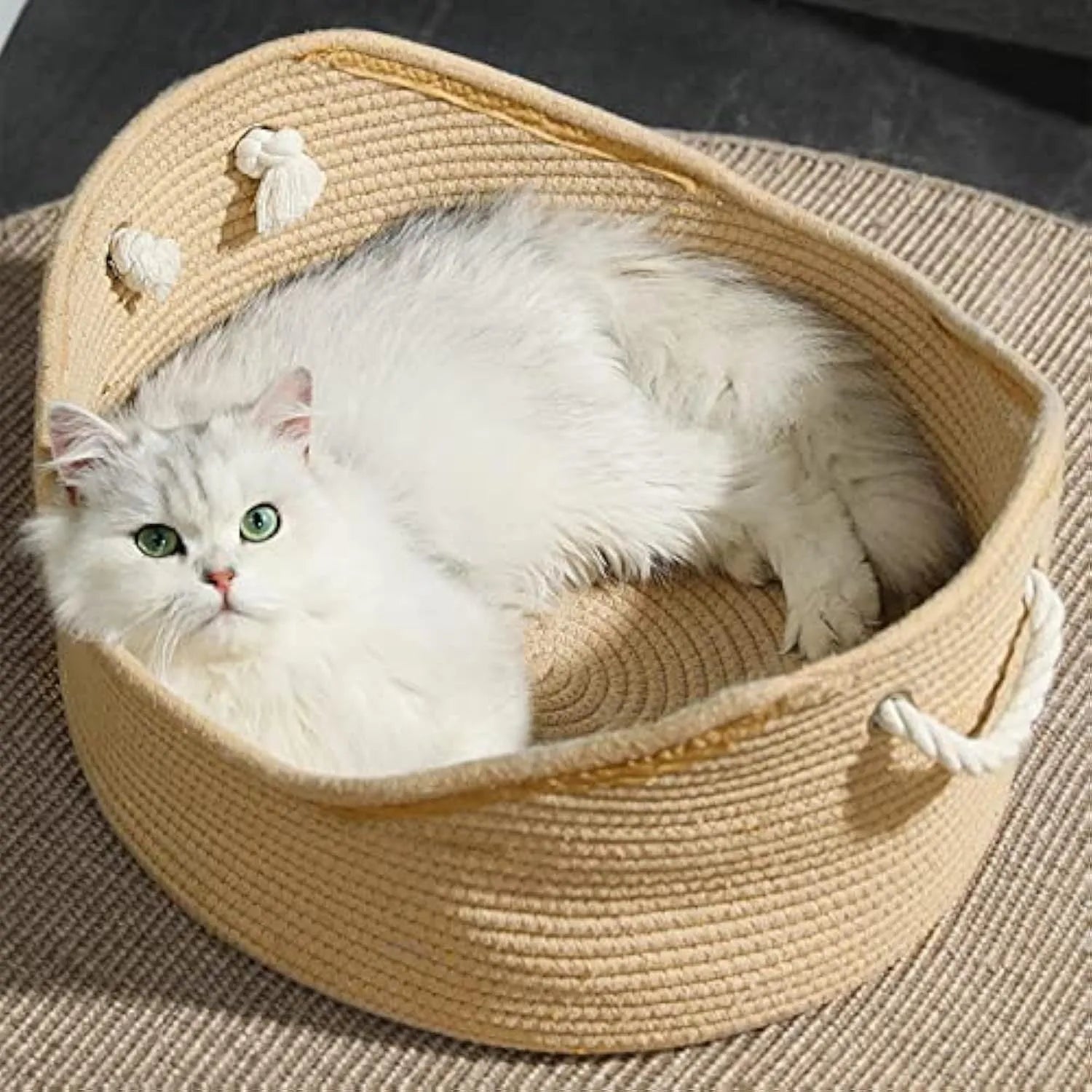 Natural wicker cat bed basket with corrugated scratching board surface in two size options