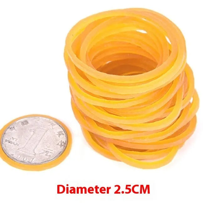 Yellow rubber bands in seven sizes from 16mm to 70mm diameter in a 500g bulk pack