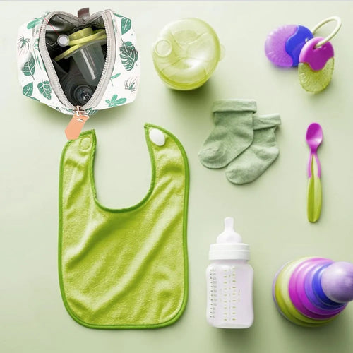 Baby pacifier holder case in PU leather with impervious nylon lining and buckle clip, holds 2 pacifiers, compact 6.35cm size