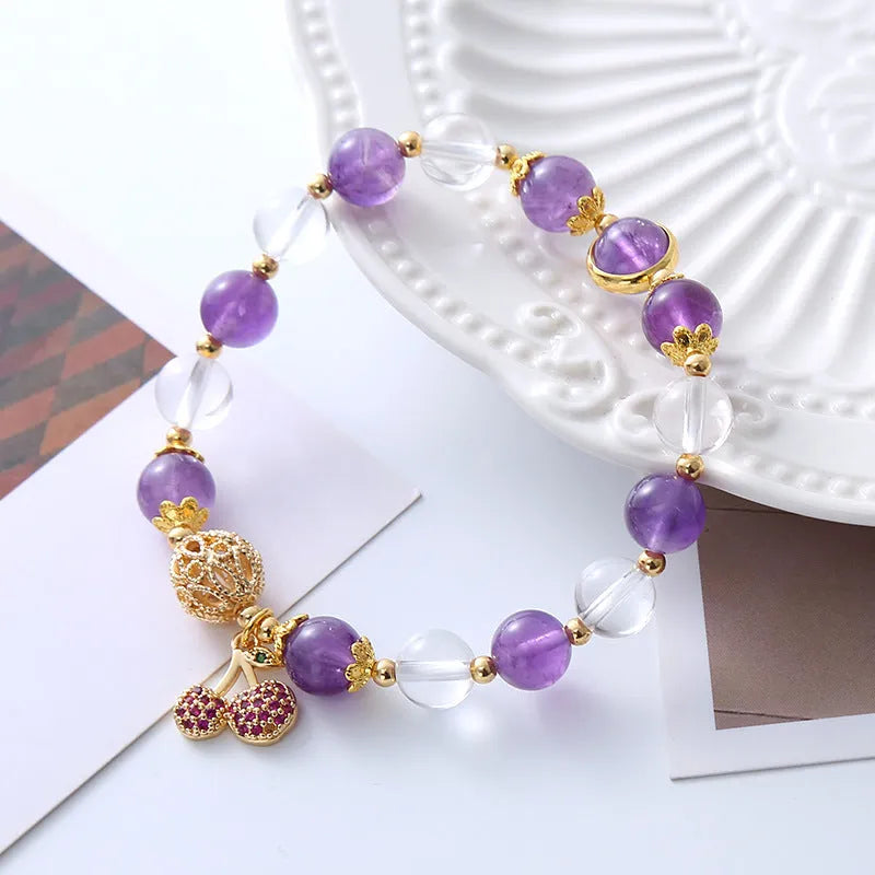 Purple crystal bracelet with micro-inlaid cherry flower design and manual processing