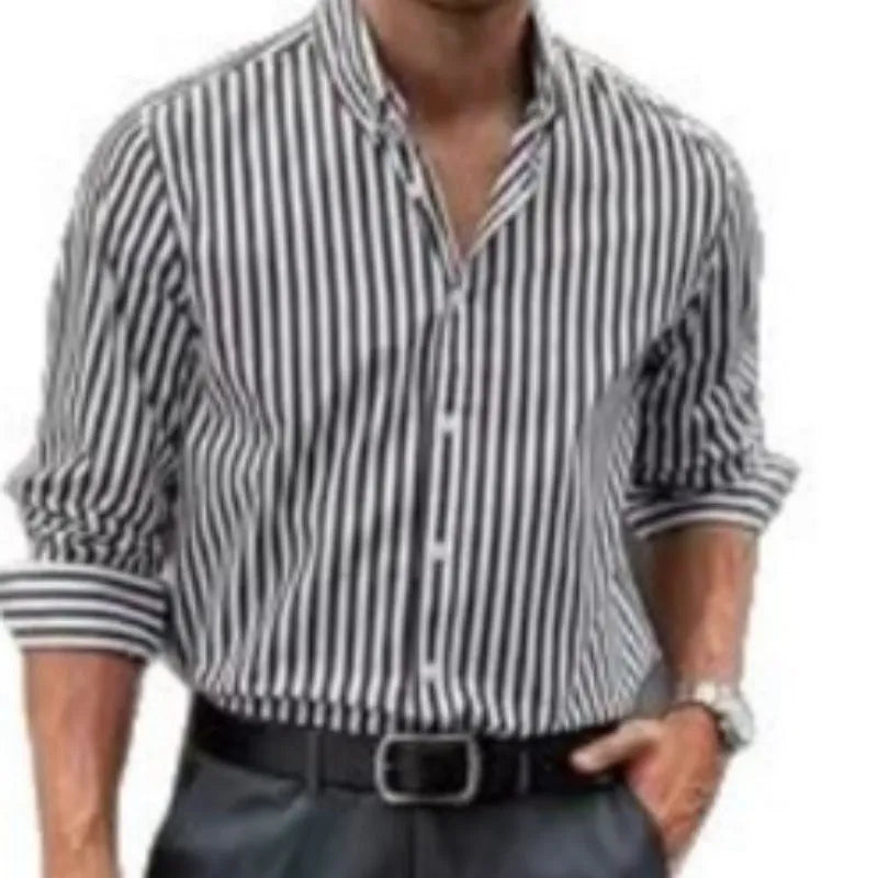Men's loose casual striped button shirt in polyester fabric for spring autumn wear