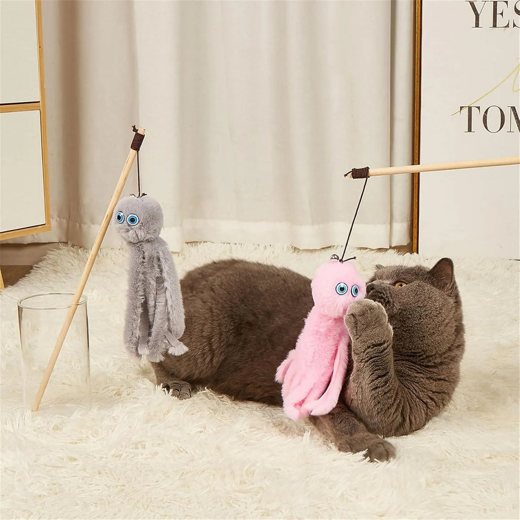 Long stick cat toy with octopus plush in grey, pink, purple or red colours, 40cm length