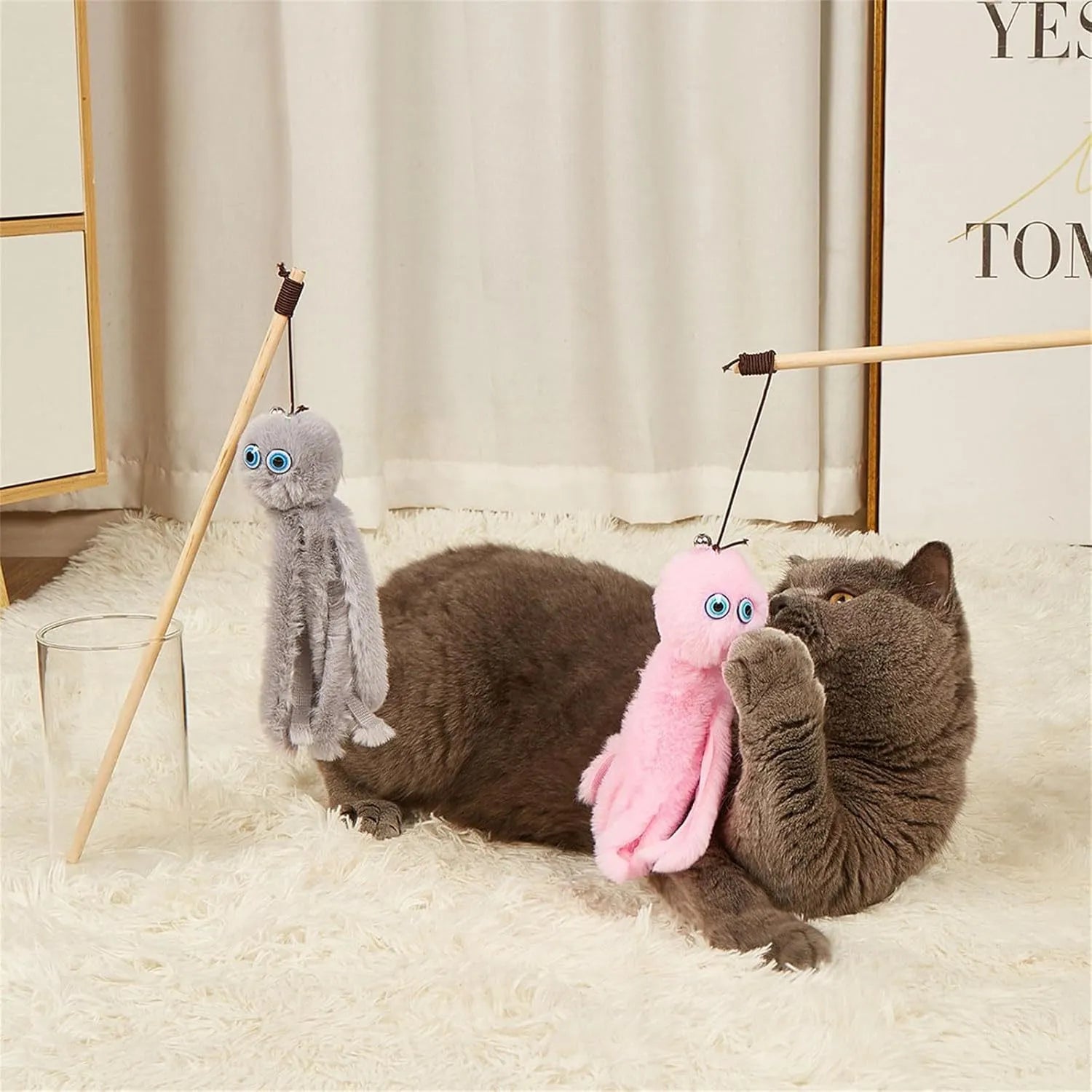 Long stick cat toy with octopus plush in grey, pink, purple or red colours, 40cm length